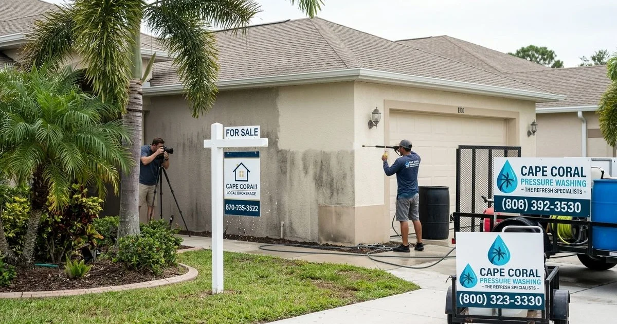 Cape Coral home with FOR SALE sign mid-clean, half-cleaned showing transformation, real estate photographer in background