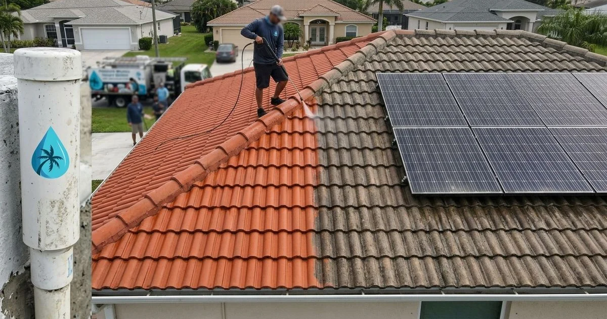 Cape Coral home with rooftop solar array, half cleaned and half dusty showing visible production line, daylight