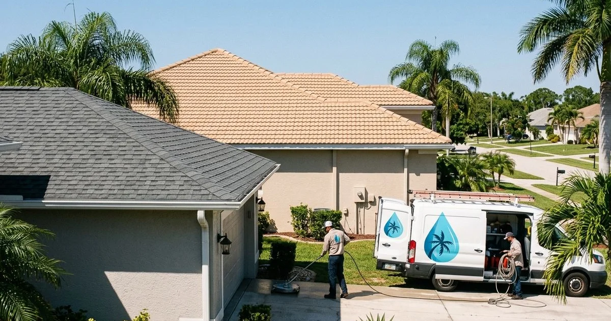 Cape Coral home with Spanish tile roof beside neighbor with asphalt shingle, both visibly cleaned, daylight