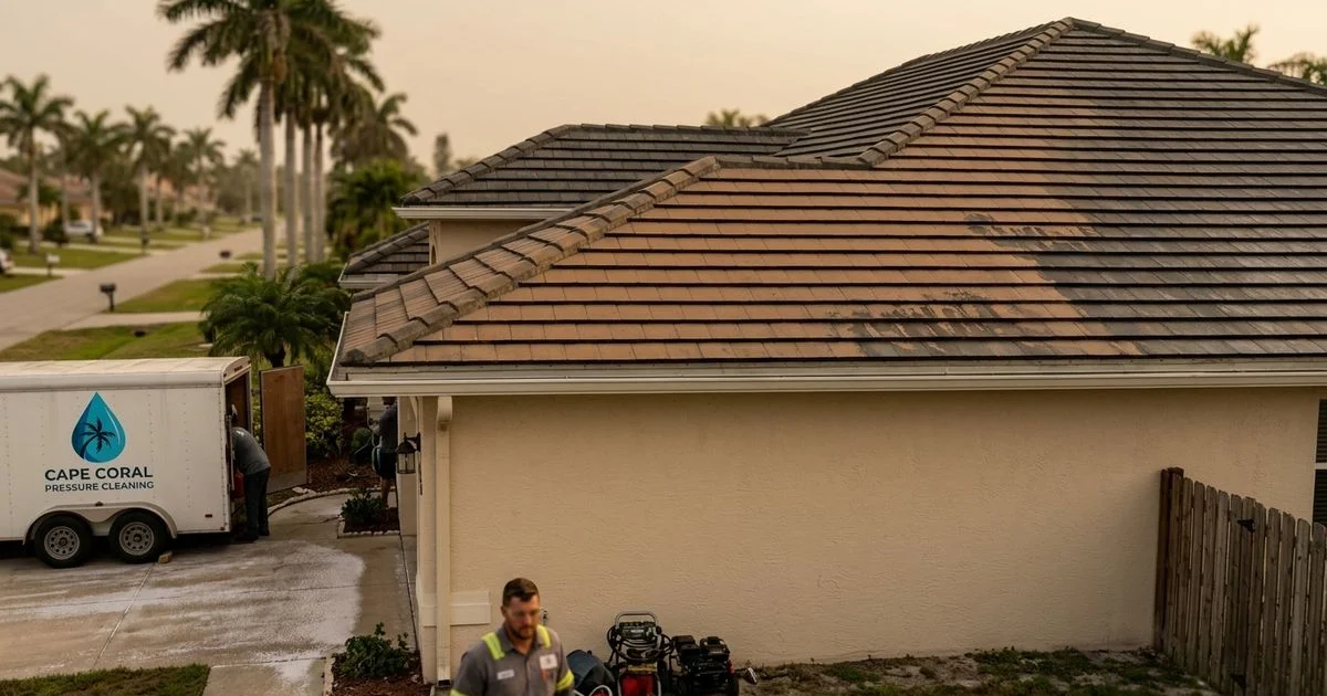 Cape Coral home with visible reddish-brown Sahara dust coating tile roof and white driveway, hazy summer afternoon, authentic documentary