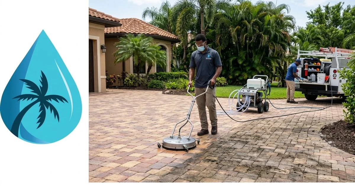 Cape Coral paver driveway mid-process showing half cleaned and half not, equipment in background, daylight