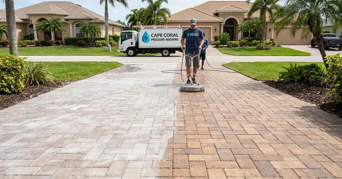 Cape Coral paver driveway with visible milky-white haze across half, cleaner pavers on other half showing post-correction, daylight