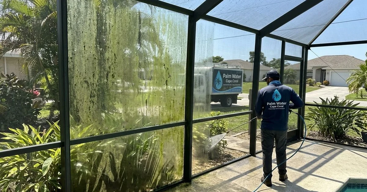 Cape Coral pool cage with visible green algae on screens, partial cleaning underway showing clean vs dirty