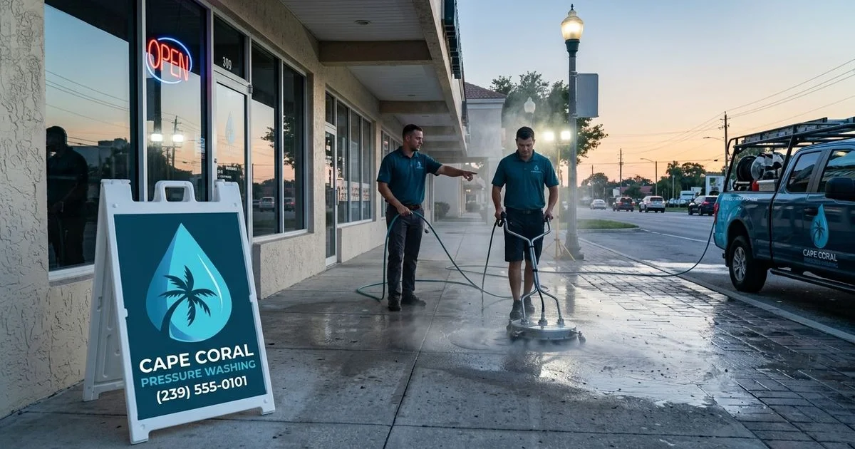 Cape Coral storefront sidewalk mid-clean at night with crew, retail sign visible, branded uniforms, atmospheric lighting