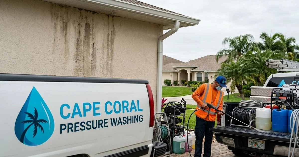 Cape Coral stucco home with visible mold streaks on shaded side, daylight