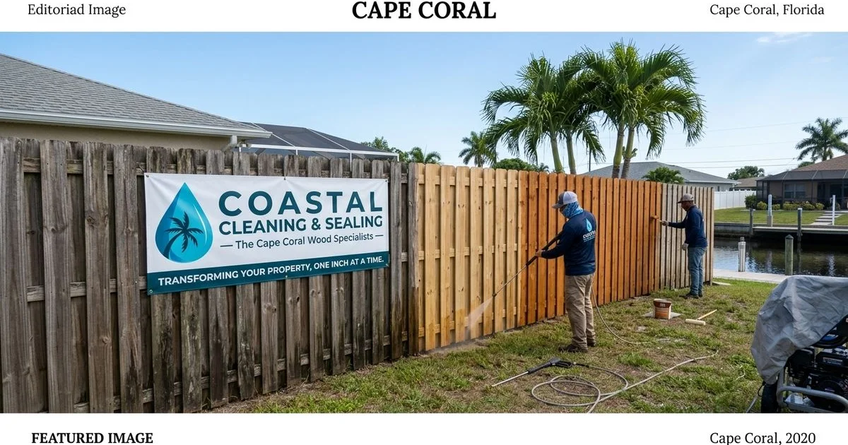 Cape Coral wood fence half-cleaned half-stained showing transformation in sections, daylight