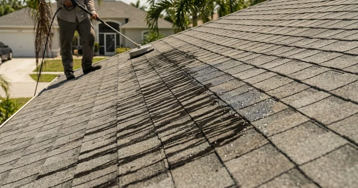 Close-up of black streak pattern flowing down a SWFL asphalt shingle roof, bright daylight, authentic documentary