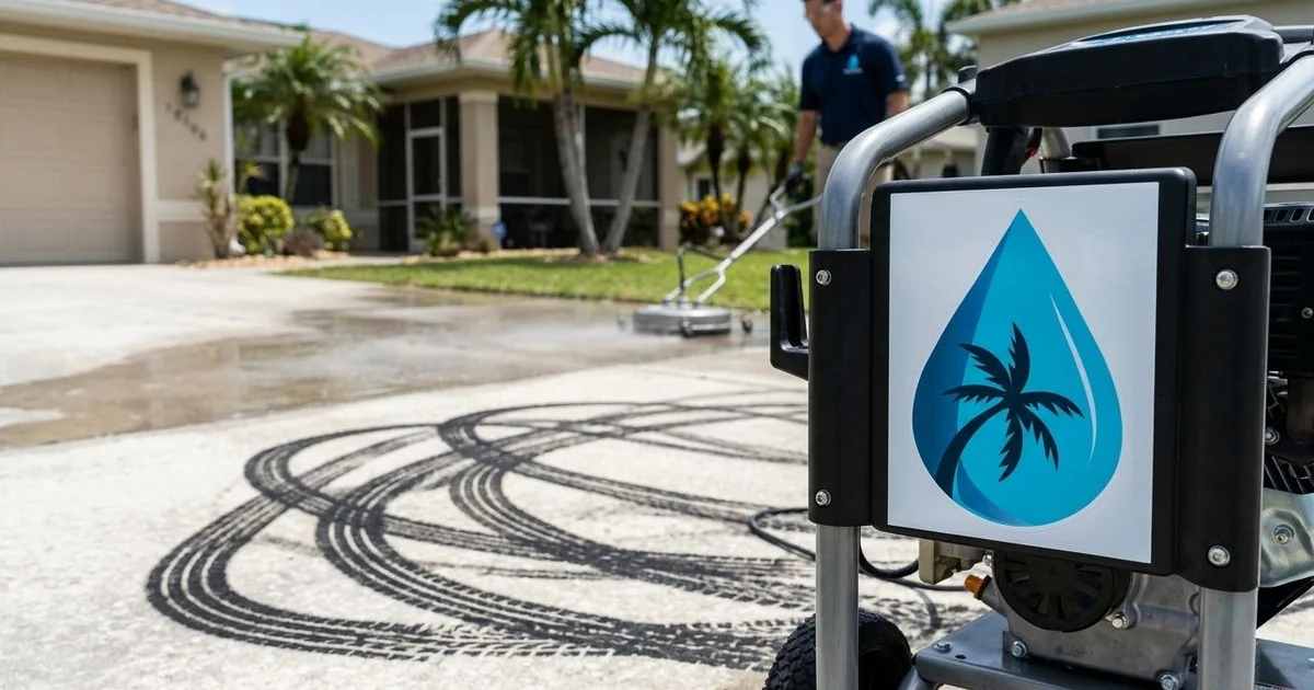 Close-up of black tire marks on concrete driveway with branded equipment in background, daylight