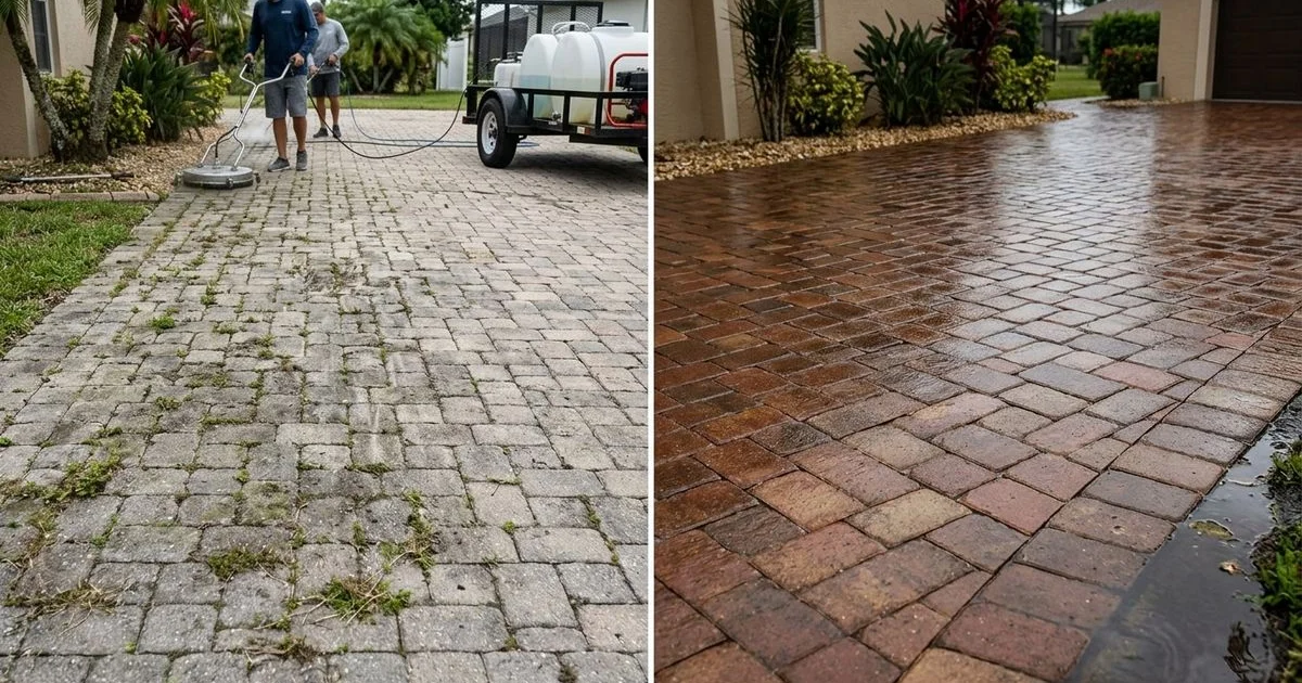Comparison split-frame of paver driveway: faded with weeds vs freshly sealed glossy finish, same homeowner location