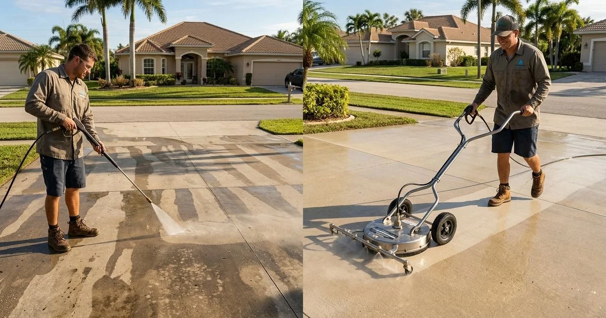 Driveway split-frame — half cleaned with wand showing zebra stripes, half cleaned with surface cleaner showing even result