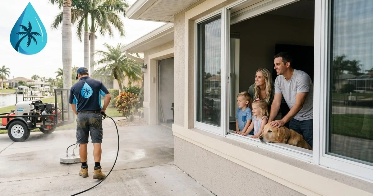 Family with golden retriever inside Cape Coral home looking out window while branded crew works outside in foreground, daylight, authentic candid