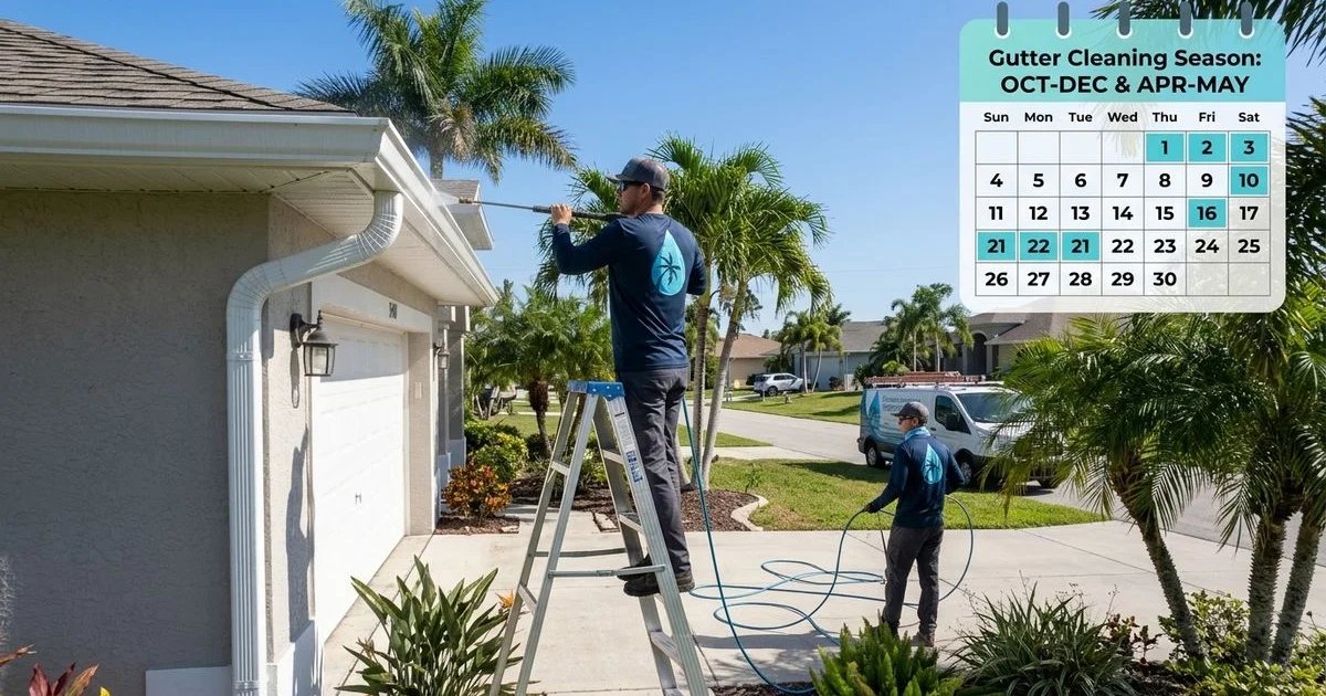 Florida gutter maintenance calendar overlay on Cape Coral home photo with season markers