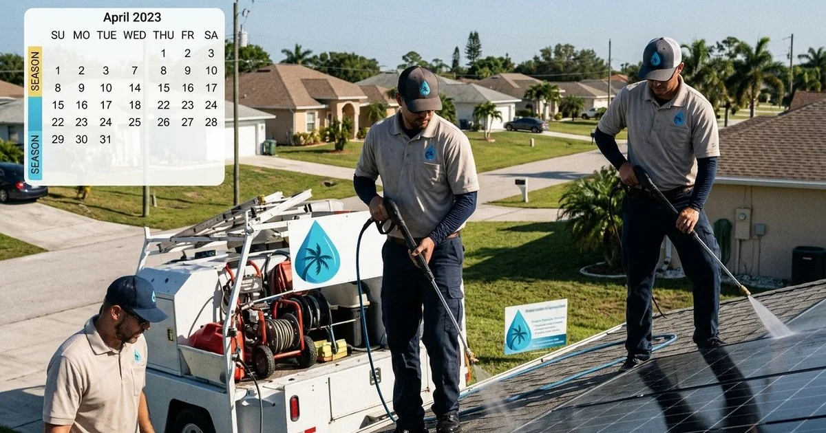 Florida solar panel maintenance calendar overlay on rooftop array photo, season markers visible