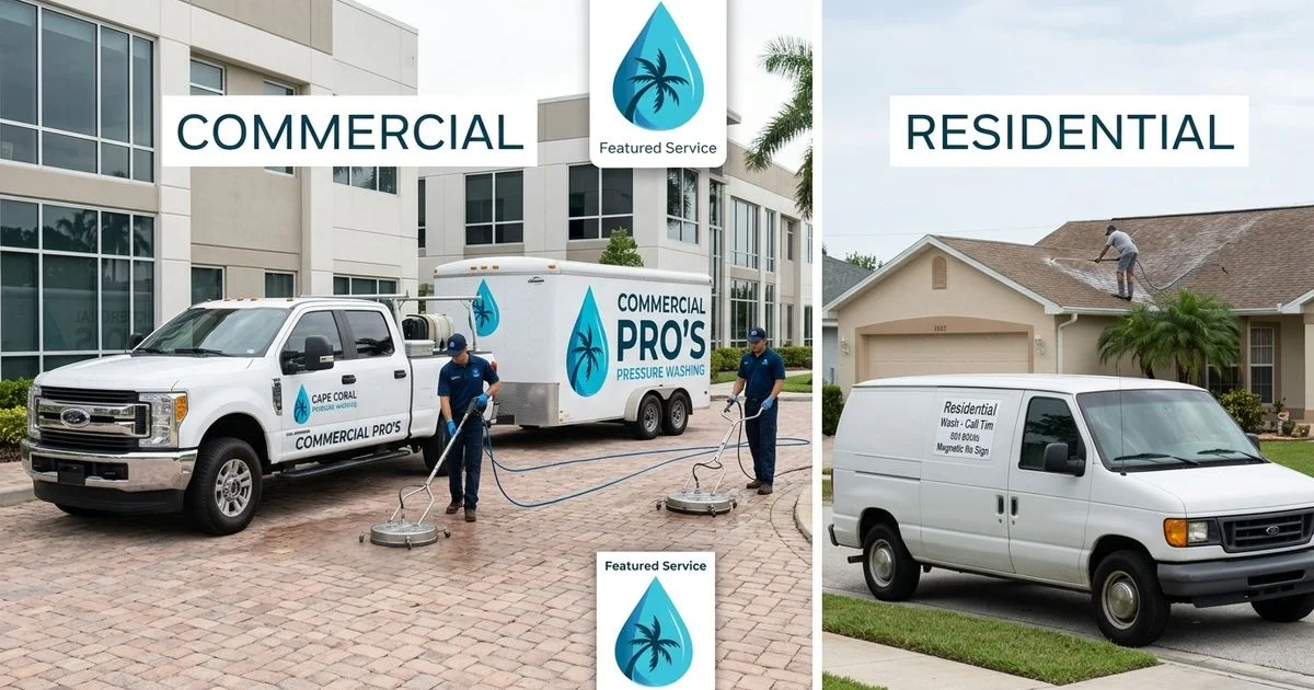 Side-by-side: commercial trailer rig at office park vs residential van at single-family home, daylight