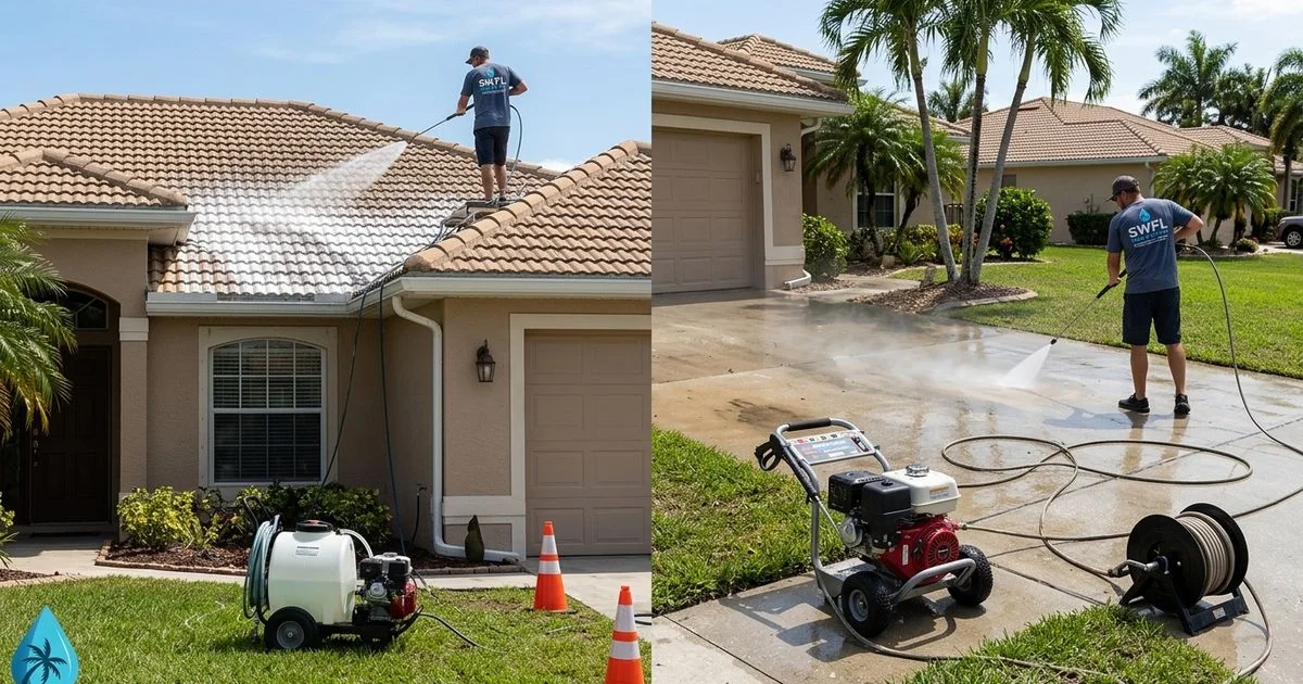 Side-by-side comparison of two SWFL homes — one with soft-wash crew using low-pressure setup on tile roof, other with pressure-wash crew on concrete driveway, n