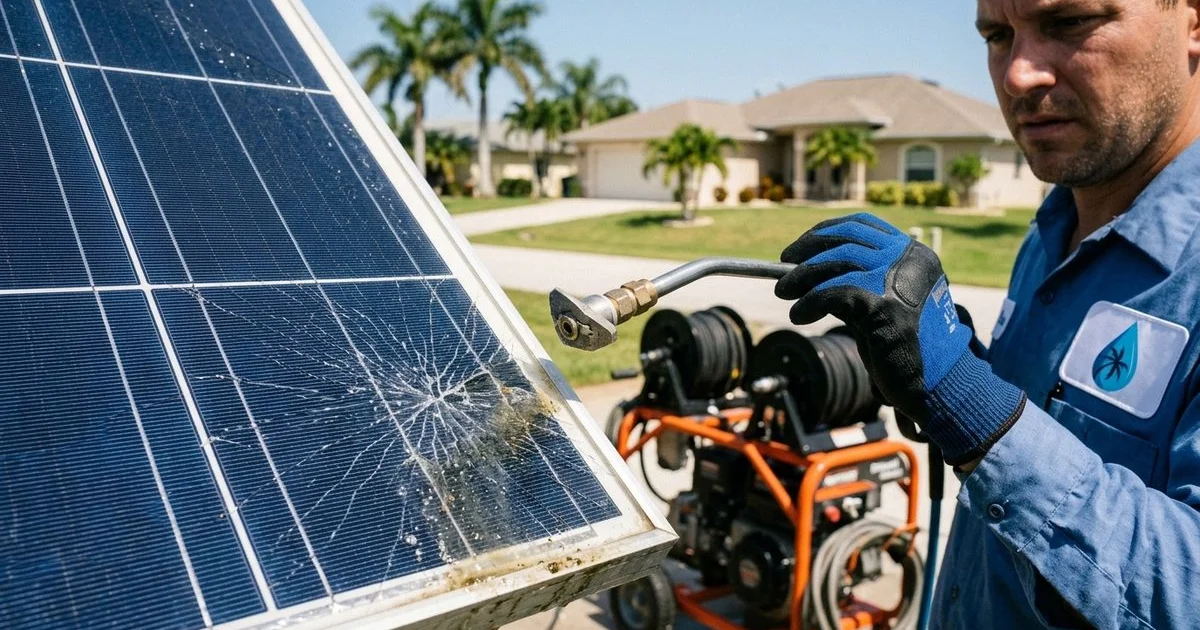 Solar panel with hairline crack from pressure washing, close-up macro showing damage to tempered glass