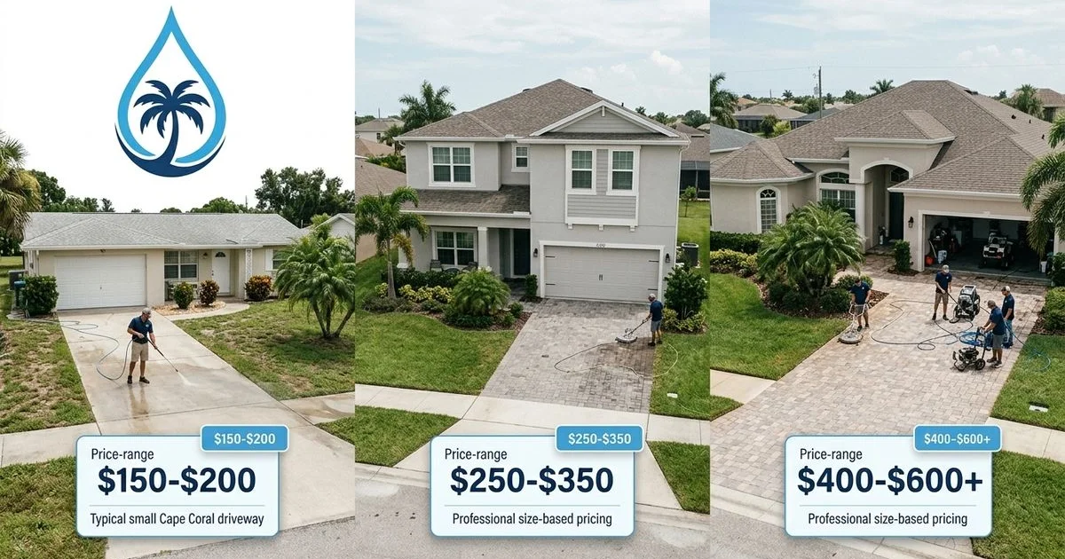 Three Cape Coral homes ranked small/medium/large with price-range overlays, professional infographic style, daylight photo