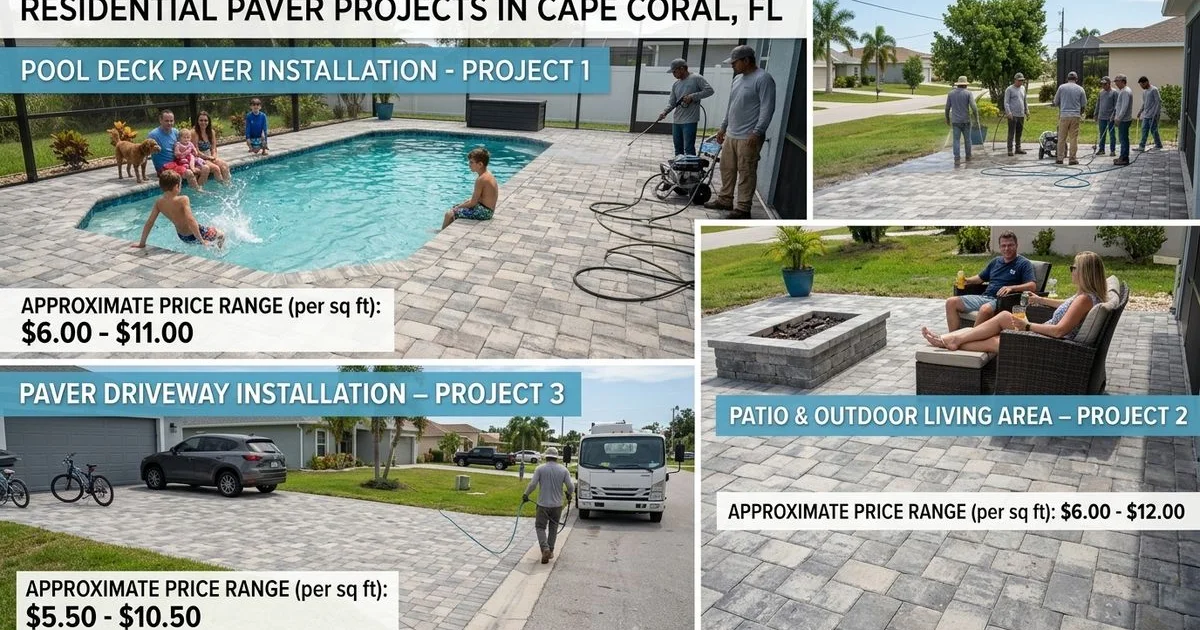 Three Cape Coral paver projects with overlay price ranges by sq ft, infographic style on photo