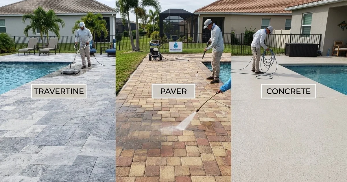 Three Cape Coral pool decks side by side — travertine, paver, concrete — each labeled, daylight