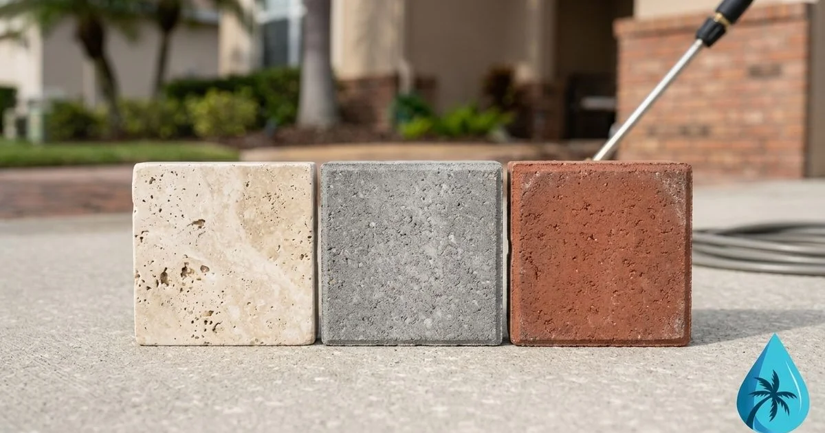 Three close-up paver swatches side by side — travertine, concrete, brick — showing surface texture, daylight