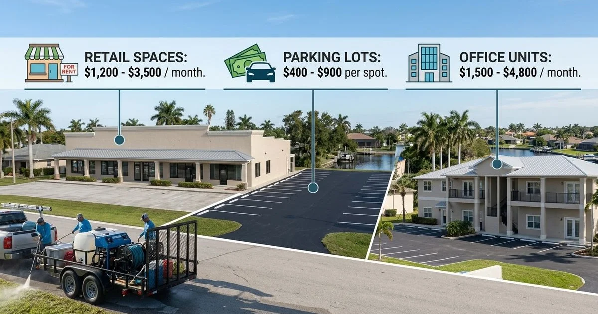 Three commercial properties (storefront, parking lot, multi-unit) with overlay price ranges, professional infographic on photo