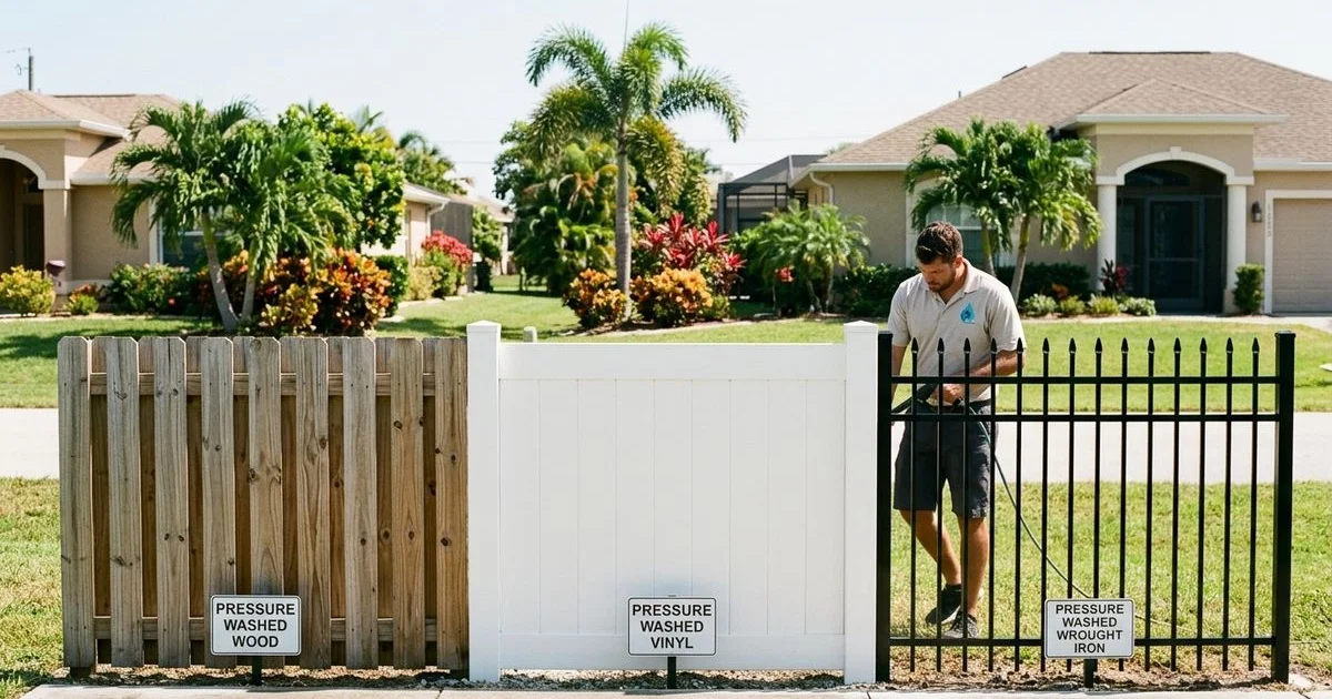 Three fence types side by side — wood, vinyl, wrought iron — each cleaned, labeled with material