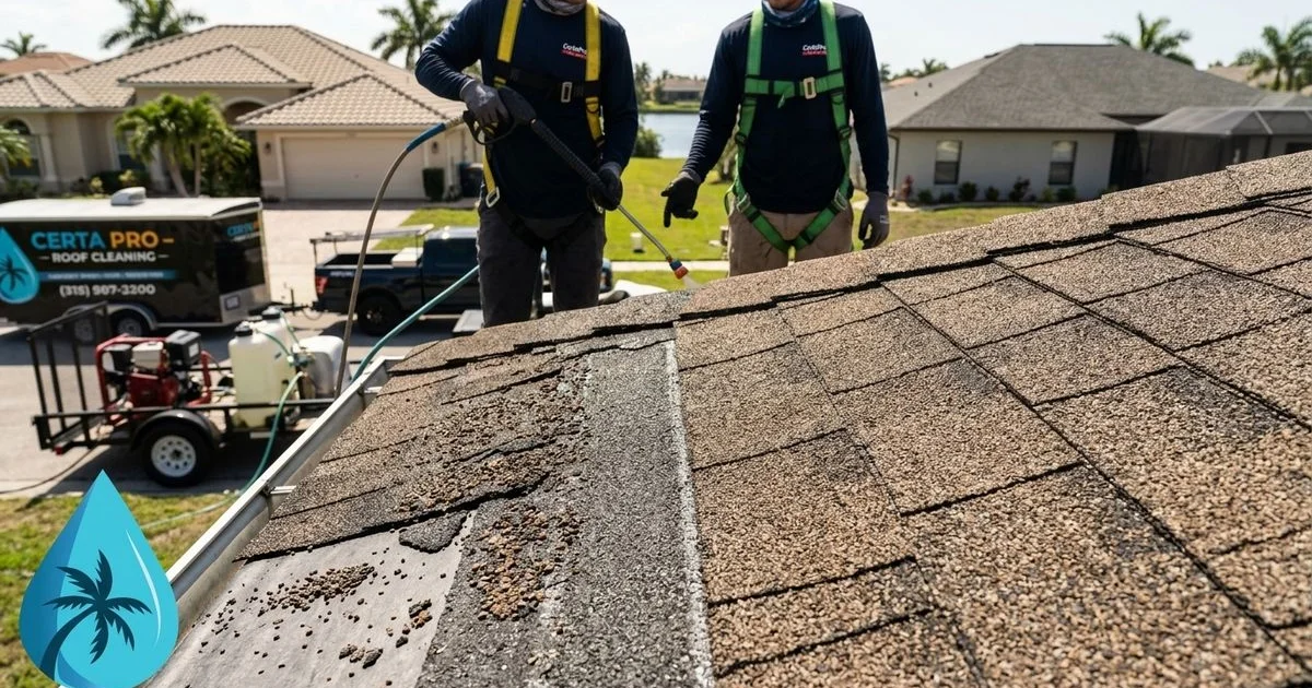 Two halves of an asphalt shingle — one pressure-washed showing granule loss, other soft-washed showing intact granules, macro daylight