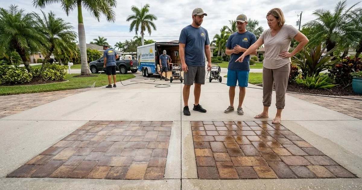 Two paver patches side by side — solvent-sealed with milky haze, water-based sealed with clear wet-look, macro daylight