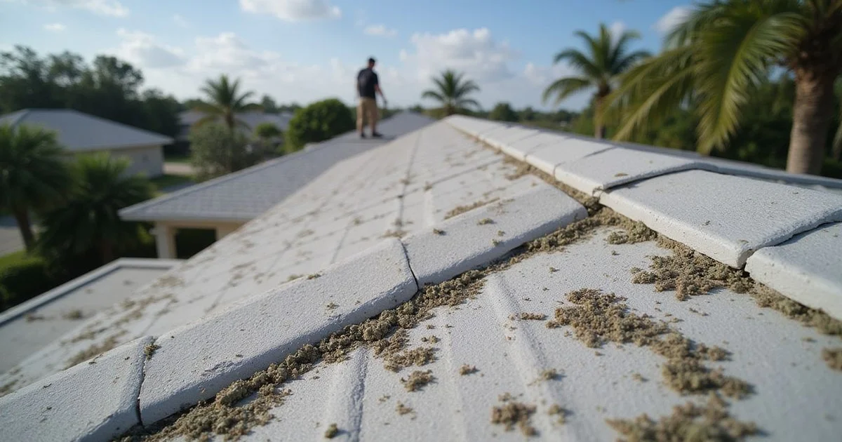 Wide angle of Cape Coral home roof showing visible black streaks and small lichen patches, daylight, authentic