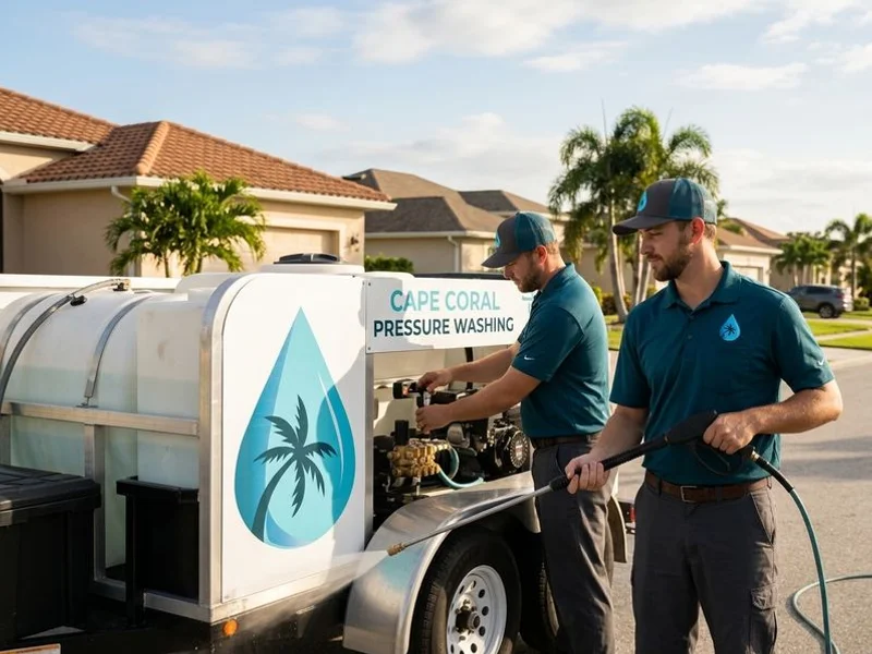 Cape Coral Pressure Washing crew with trailer-mounted rig at a Southwest Florida home