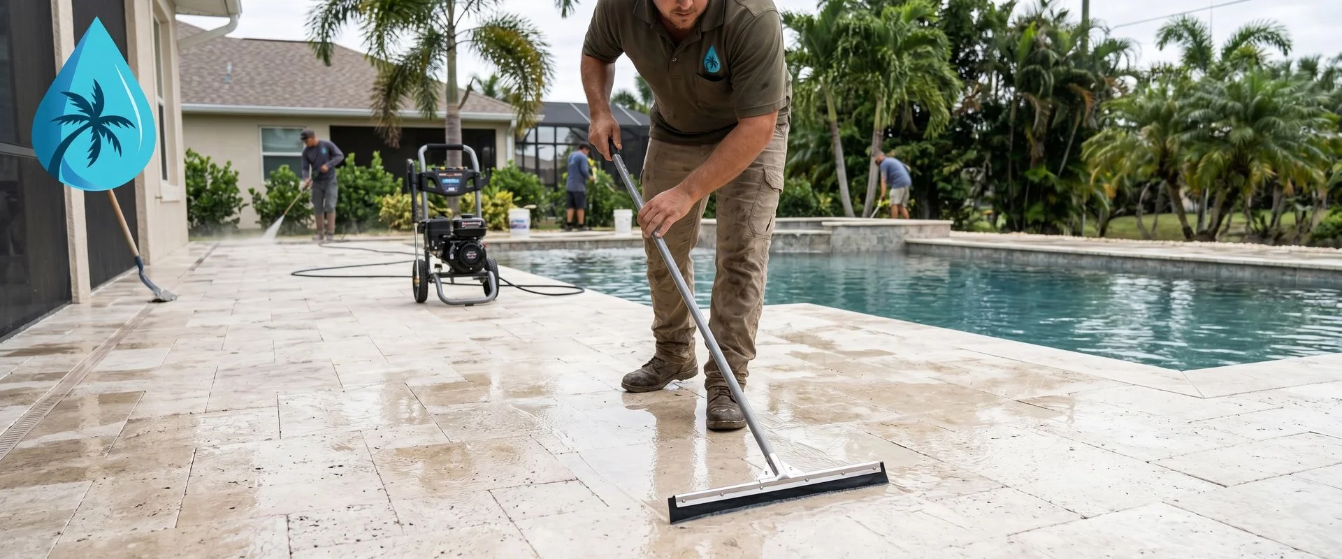 Cape Coral technician applying water-based urethane sealer to travertine pavers