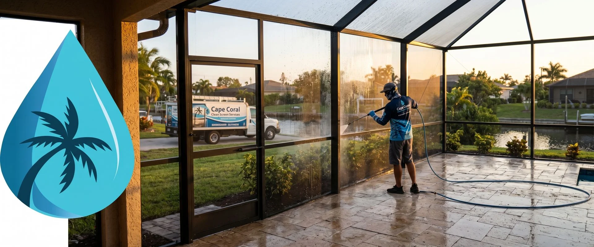 Cape Coral technician soft-washing a pool cage screen enclosure and travertine pool deck