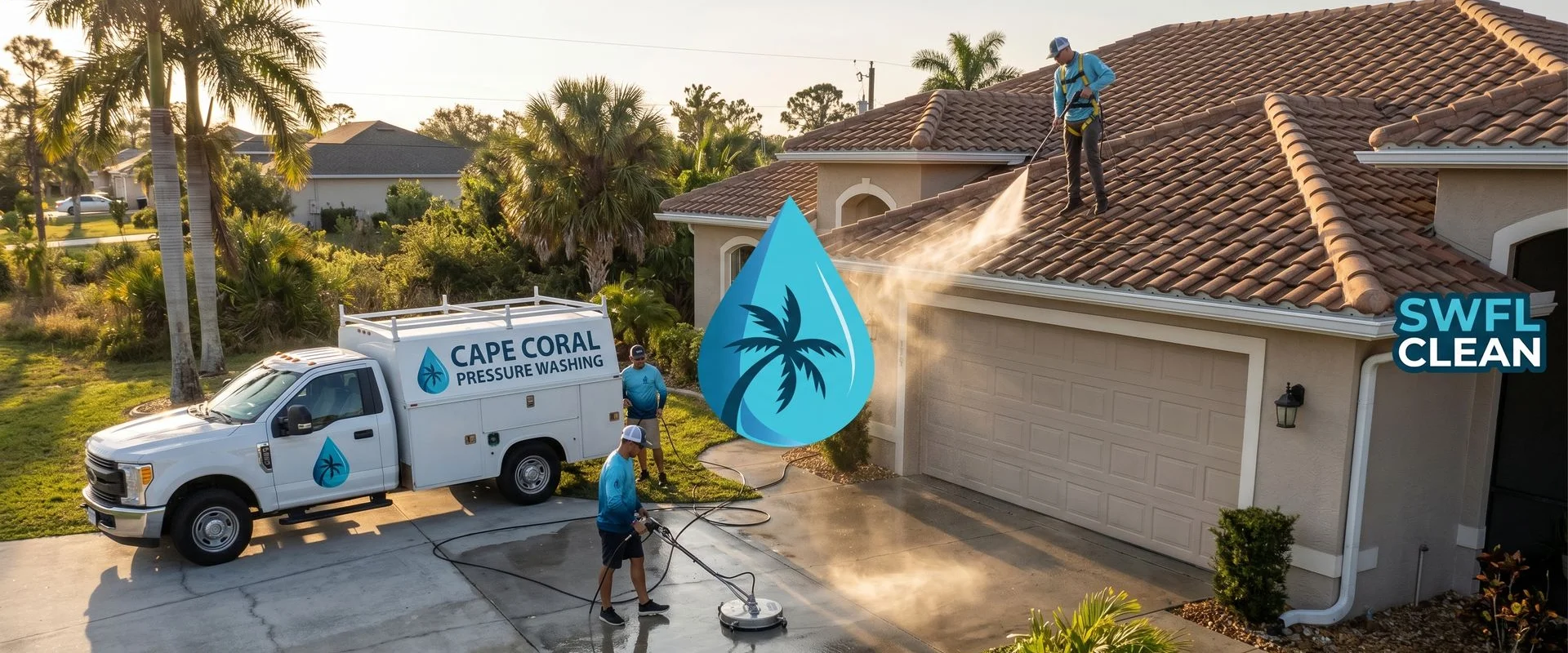 Pressure washing crew working in Estero