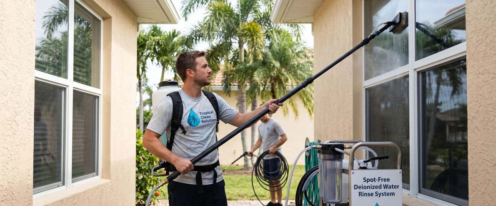 Cape Coral technician cleaning exterior windows with a deionized water pole system