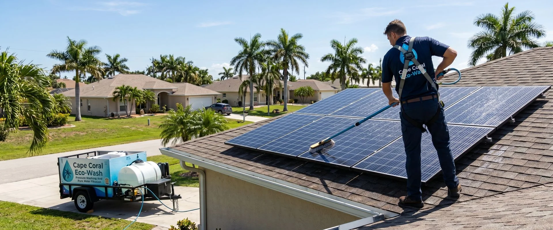 Cape Coral technician cleaning rooftop solar panels with a non-abrasive soft-bristle brush system
