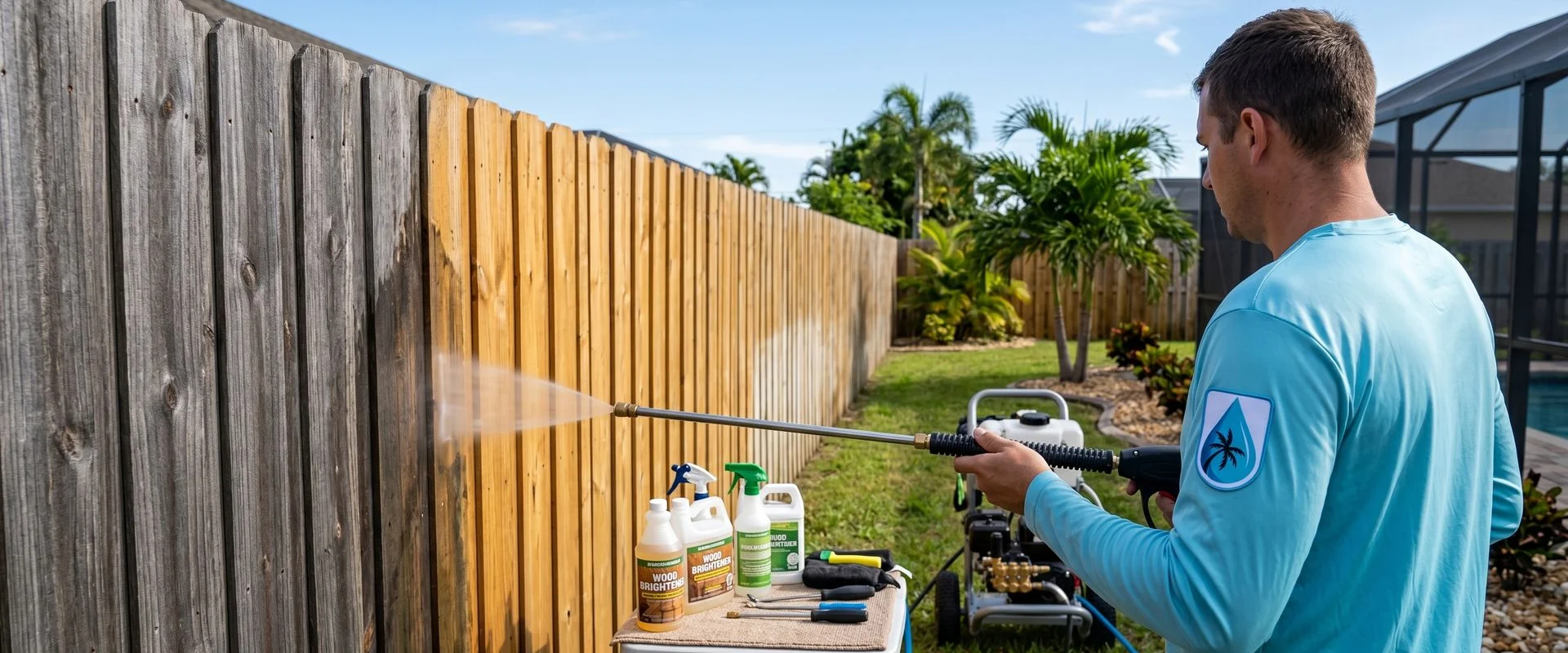 Cape Coral technician applying wood brightener to a fence before restaining