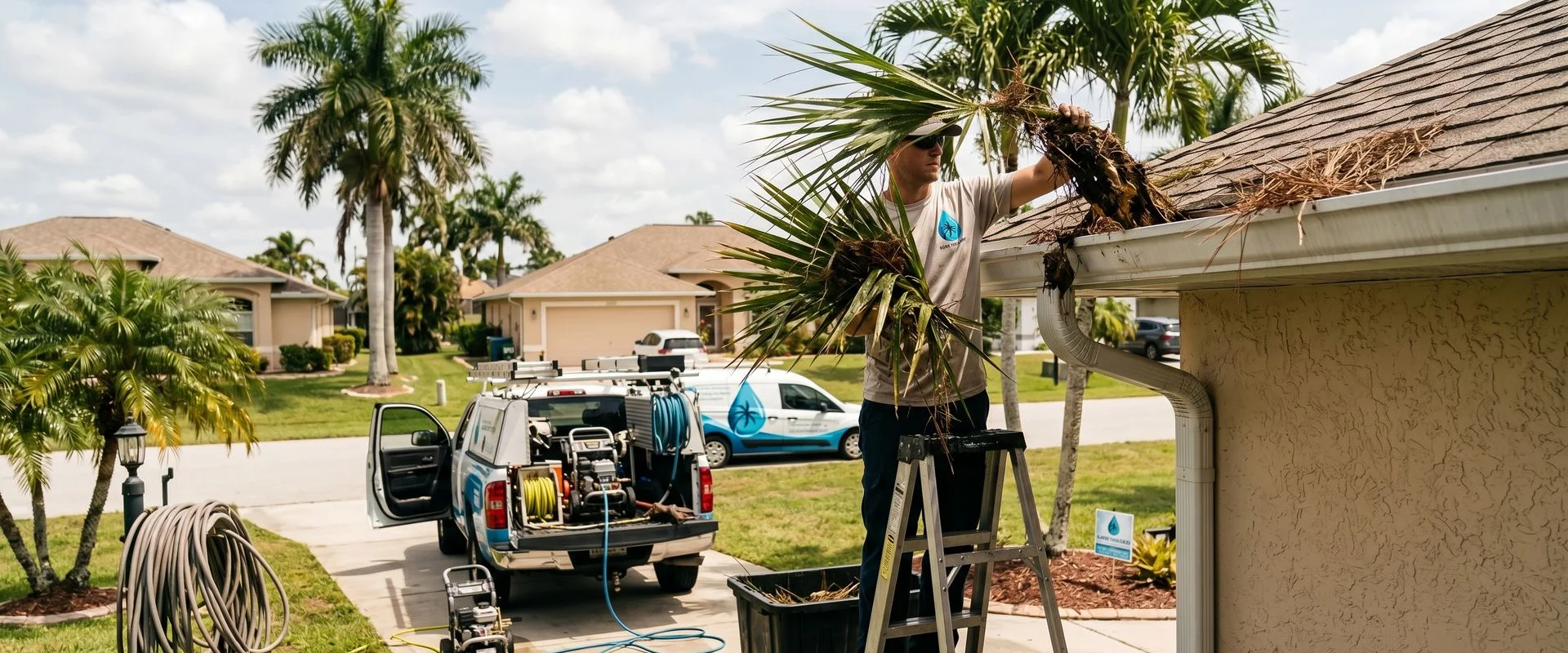 Cape Coral technician hand-clearing palm debris from a gutter system
