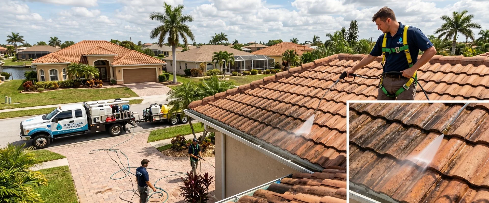 Cape Coral pressure washing technician soft-washing a Spanish tile roof with low-pressure equipment