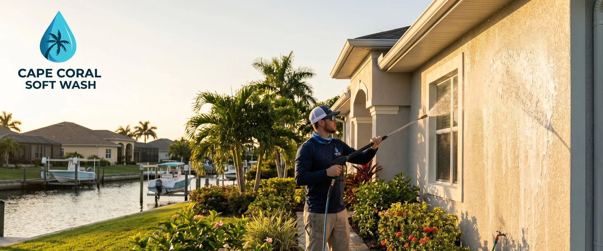 Cape Coral pressure washing technician soft-washing a stucco home exterior