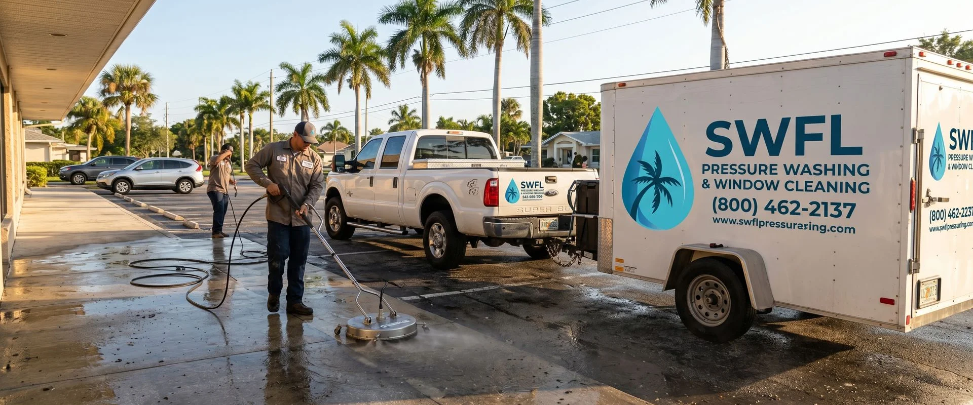 Commercial pressure washing crew cleaning a Cape Coral storefront sidewalk before business hours