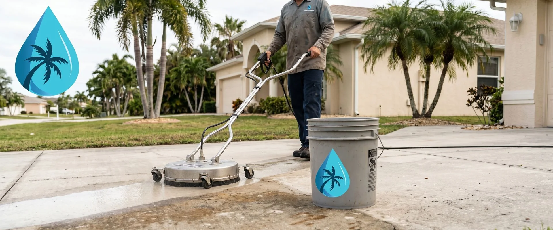 Cape Coral technician using rotary surface cleaner on a stained concrete driveway