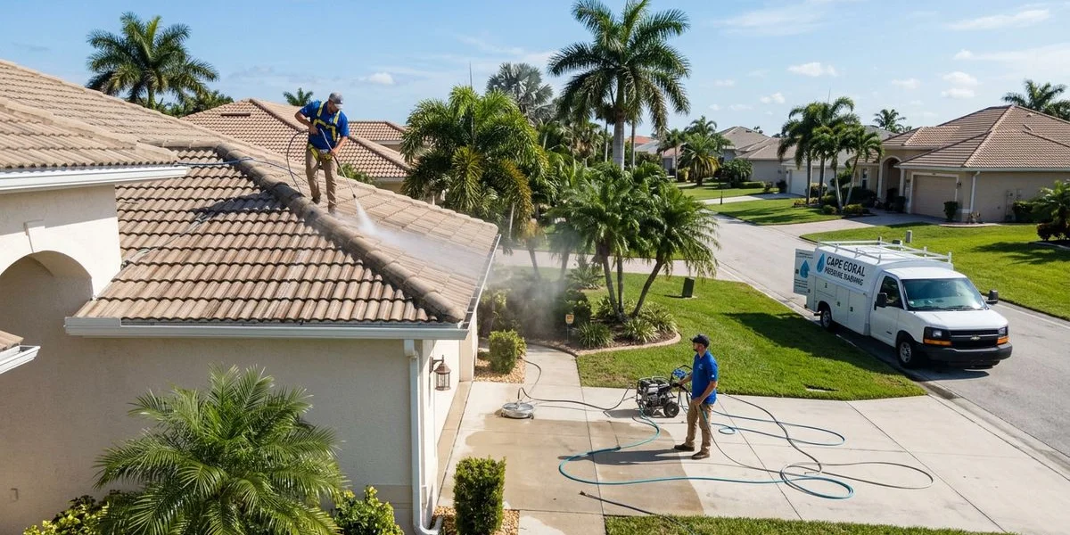Crew working in a typical neighborhood in the Estero area