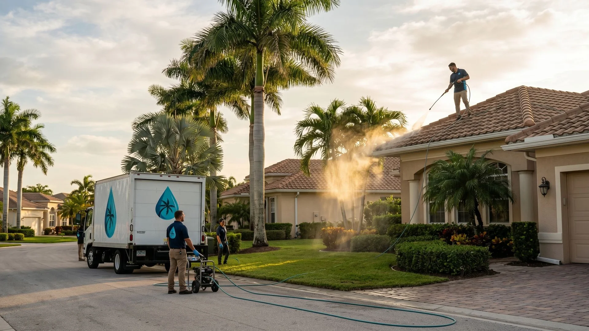 Cape Coral Pressure Washing crew soft-washing a tile roof at golden hour