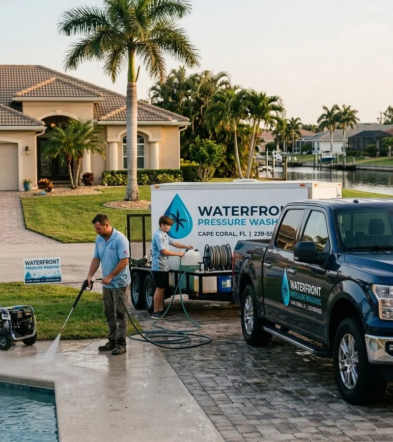 Cape Coral Pressure Washing two-person crew with their trailer-mounted rig at a Cape Coral home